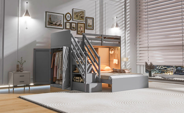 English Elm Twin Over Full Bunk Bed with Wardrobe Storage Stairs Shelves and Usb Charging Gray LT000292AAE