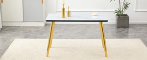 English Elm Modern Marble Look Glass Top Dining Table with Gold Tapered Legs Seats Six W1151S04619