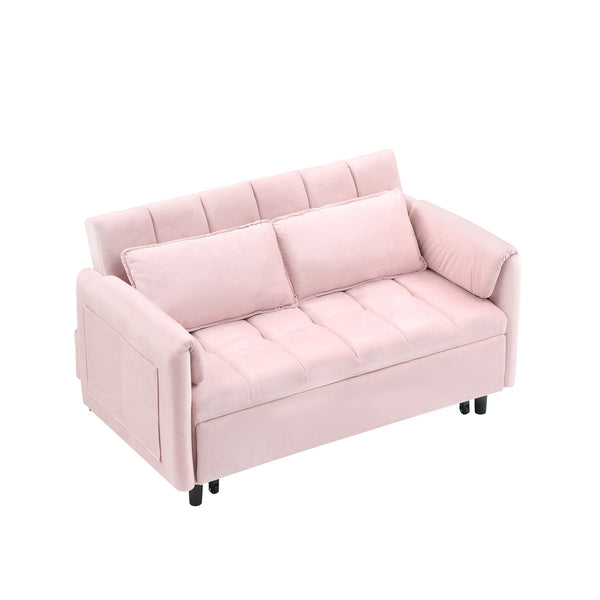 English Elm 52 Pink Modern Velvet Sofa Bed 3-in-1 Convertible Loveseat with Pillows, Pockets, Metal Legs, Compact Design W1658P266338