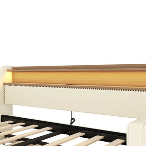 English Elm Twin Size Daybed With Trundle, Modern Upholstered Design Featuring Led Lights & Charging Station W1580S00042-GIGA