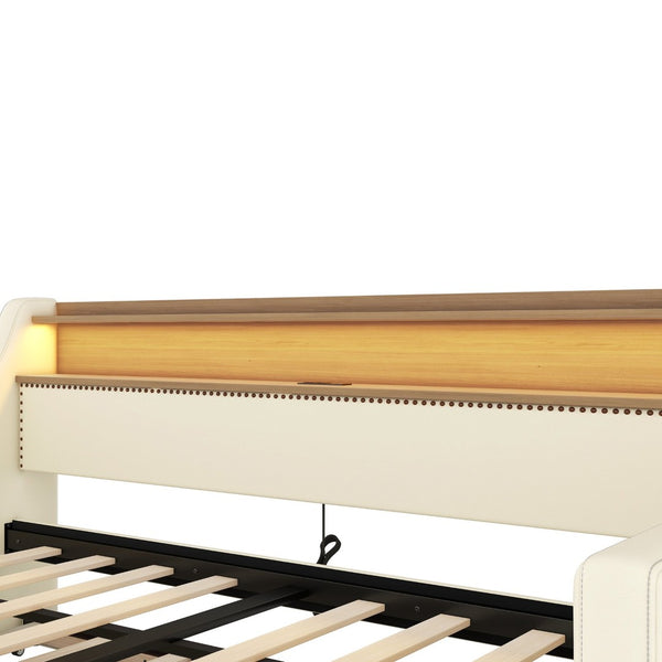 English Elm Twin Size Daybed With Trundle, Modern Upholstered Design Featuring Led Lights & Charging Station W1580S00042-GIGA