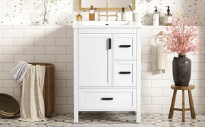 English Elm Modern 24 Inch Bathroom Vanity Solid Wood Cabinet with Ceramic Sink and Soft Close Storage White N729P292859K
