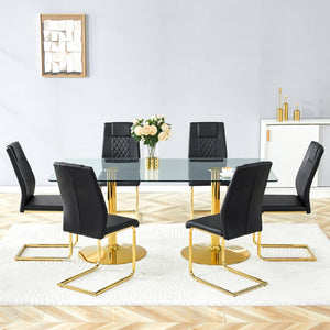 English Elm Scalable Extendable Dining Set with Wood Grain Table and Gray Linen Chairs 8 Piece Black,Gold,Transparent W1151S04560