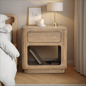 English Elm Driftwood Oak End Table with Open Shelf and Push Drawer for Modern Living B035P437552