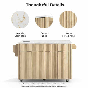 English Elm K&k Fluted Rolling Kitchen Island Faux Marble Top Power Outlet Storage Drawers Natural N707P353945Y