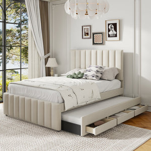 English Elm Full Upholstered Platform Bed with Twin Trundle and 3 Drawers, Linen Comfort, Sturdy Wood Frame Beige SF000249AAA