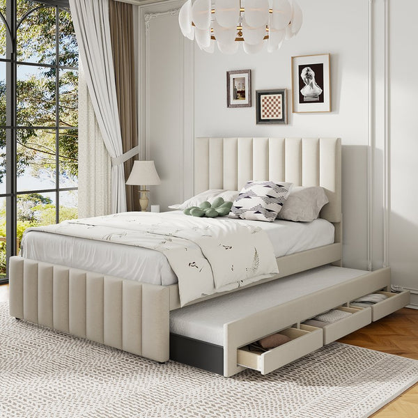 English Elm Full Upholstered Platform Bed with Twin Trundle and 3 Drawers, Linen Comfort, Sturdy Wood Frame Beige SF000249AAA