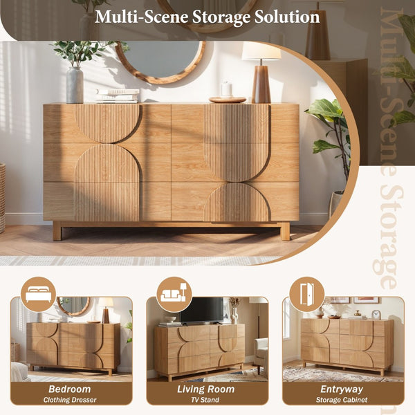 English Elm Modern Fluted 6 Drawer Dresser with Solid Wood Legs Japandi Chest for Bedroom Natural N739S0000013W