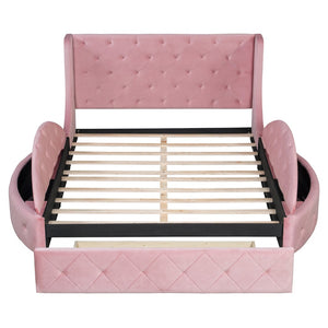 English Elm Upholstered Queen Platform Bed Velvet Wingback Frame with Storage Drawer and Side Stools Pink LP200815AAH