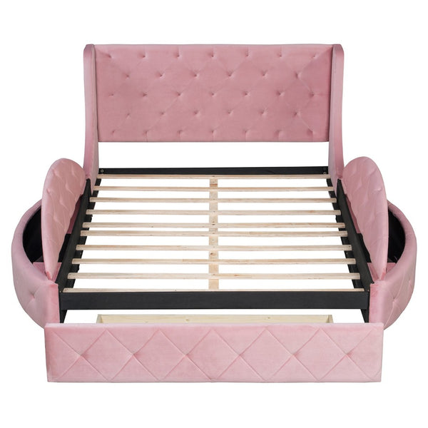 English Elm Upholstered Queen Platform Bed Velvet Wingback Frame with Storage Drawer and Side Stools Pink LP200815AAH