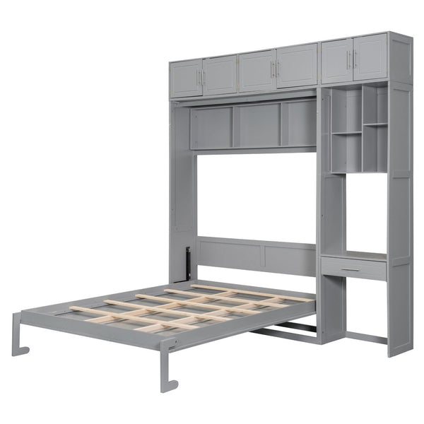 English Elm Queen Murphy Bed with Integrated Desk Cabinet Shelves Space Saving Studio Solution Gray N708S00021E-1