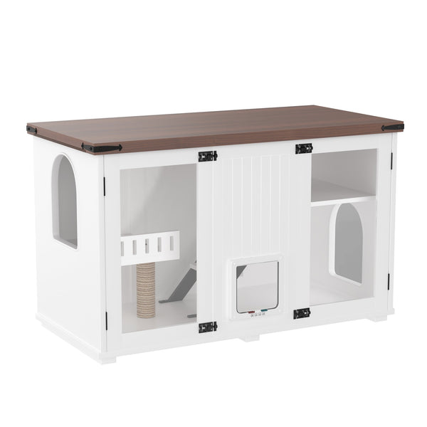 English Elm 47.25" Modern Cat Litter Box Enclosure with LED, Stairs & Scratcher, Smart Door Cabinet Side Table N704P270707K