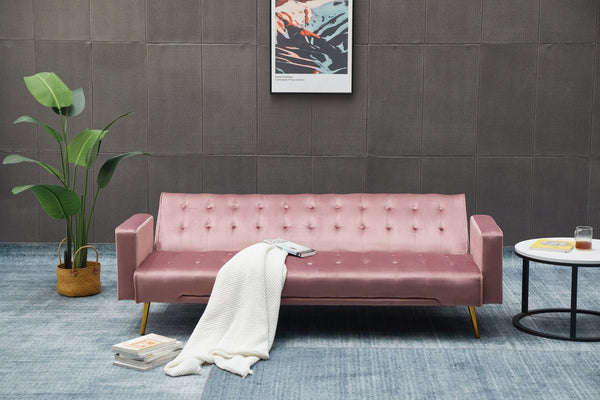 English Elm Sofa Bed Velvet Upholstered Convertible with Gold Metal Legs for Studio Spaces Rose B205P246428