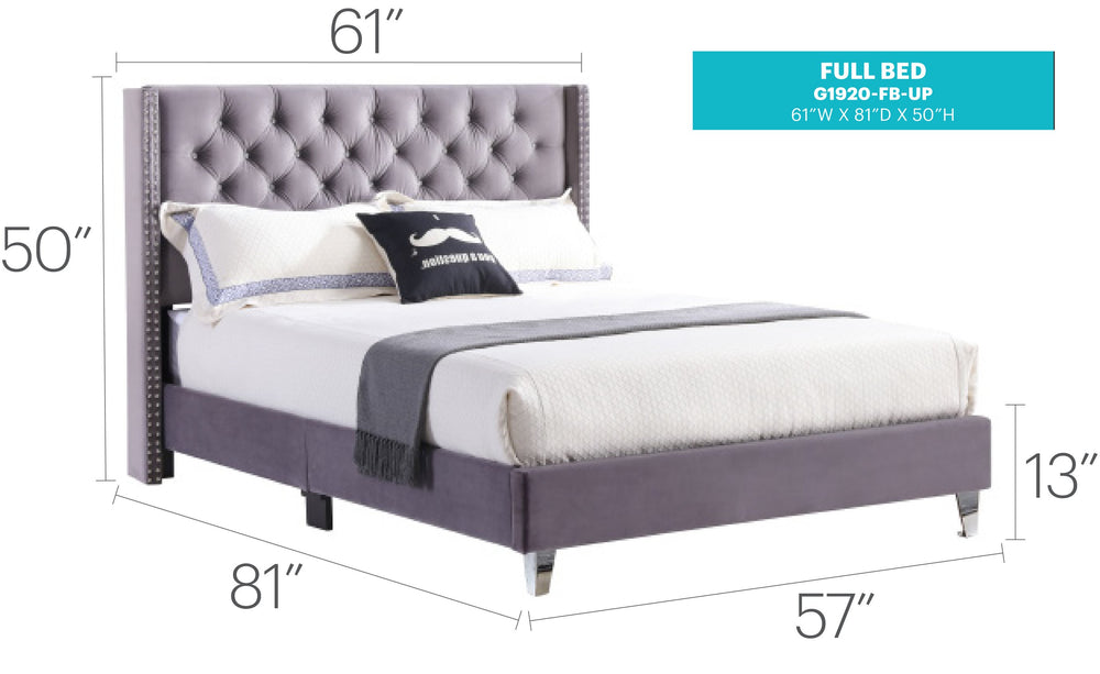 English Elm Transitional Velvet Gray Full Bed with Upholstered Headboard, 50"H x 60"W x 80"D, Durable, Easy Assembly B078118296