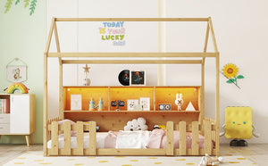 English Elm Twin House Bed with LED Light and Built-In Bookshelf, Solid Wood Playhouse Design for Kids Safety Natural 78.15 L x 15.75 W x 6.1 H W2593P269092