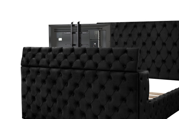 English Elm Encore Modern Tufted Upholstered Queen Bed With Hidden Tv Compartment & Electric Fireplace, Black B009S01680