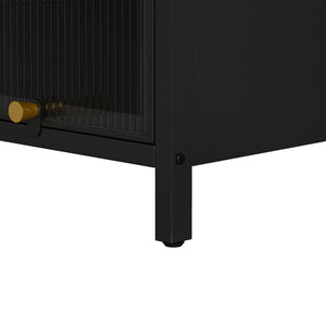English Elm Modern Four-tier Glass Door Cabinet with Slim Iron Frame, Five Shelves, Heavy-Duty 33lb Capacity Black W757P241562