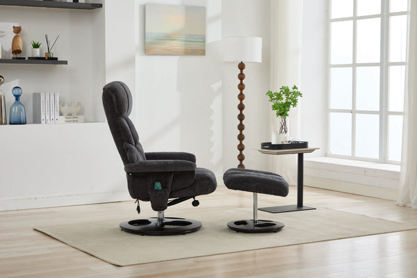 English Elm 010-Recliner Modern Dark Grey Chenille Swivel Lounge with Ottoman, Heated Seat, 5-Point Vibe Massage, 140° Recline, 250lb Capacity W2636P358627