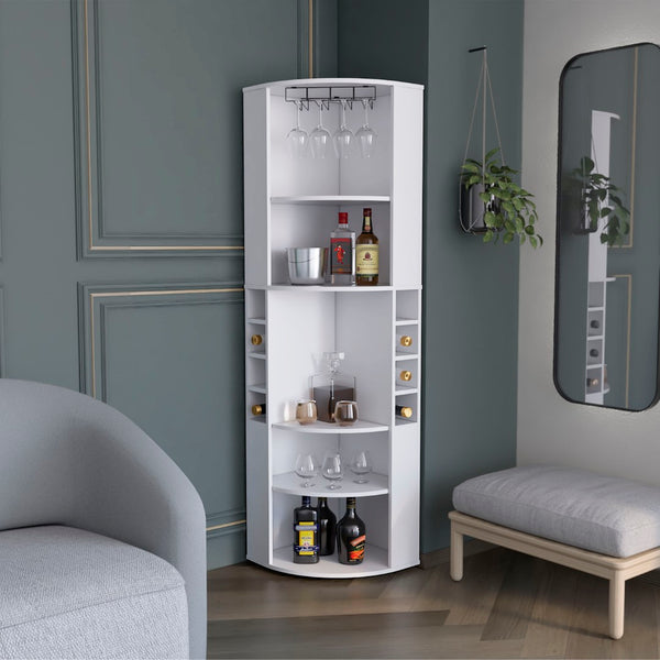English Elm Oban Matte Black Corner Bar Cabinet with Bottle Cubbies and Open Stemware Shelves B200S00388