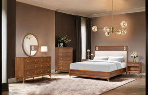 English Elm 1pc Walnut Tall Chest Five Drawers Gold-capped Legs Mid-century Bedroom Storage B2741P446675