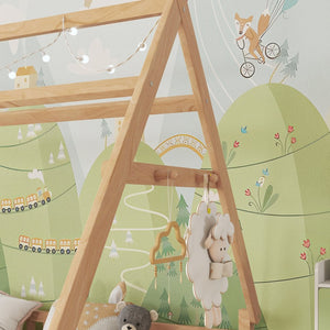 English Elm Full House Kids House Bed with Roof & Fence, Low Floor Solid Pine Frame, Stylish Nightlight Ready Natural 80.91 L x 15.55 W x 6.5 H W2593P296922