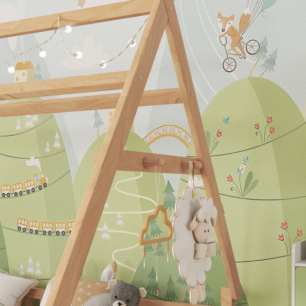 English Elm Full House Kids House Bed with Roof & Fence, Low Floor Solid Pine Frame, Stylish Nightlight Ready Natural 80.91 L x 15.55 W x 6.5 H W2593P296922