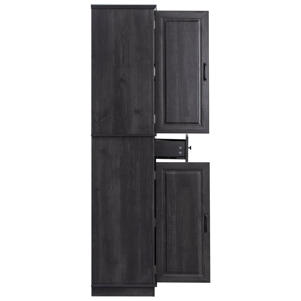 English Elm K&K 71" Tall Farmhouse Pantry Cabinet with Groove Edges, 3 Pull-Out Organizers, 6 Door Shelves Black N707P256507B