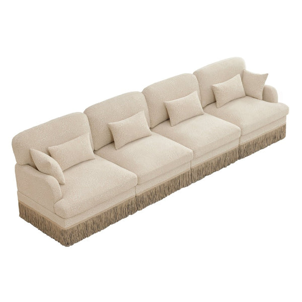 English Elm 131" Chenille Leopard Sectional Sofa Modular 4 Seat Deep Cushion Tassel Trim Beige W5656S00007