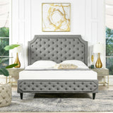 English Elm Helen Tall Upholstered Tufted Platform Bed Frame, Heathered Grey Linen