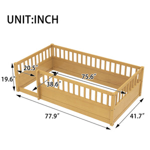 English Elm Twin Montessori Floor Bed Frame for Kids – Pine Playroom Bed with Fence for Reading & Imaginative Play Natural W1580P307880