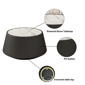 English Elm Light Sintered Stone Top Round Coffee Table with Sculpted Leather Base for Living Room W3081P367629