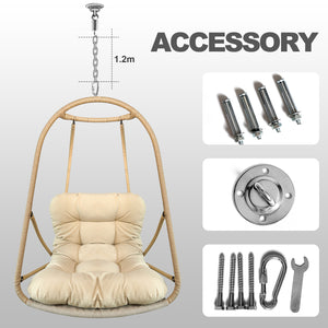 English Elm without Swing Egg Chair Rattan Hanging Patio Basket with C-Bracket, Foldable, Cup Holder, Cushions, Durable Metal Frame Beige+yellow W2707P388602