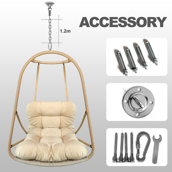 English Elm without Swing Egg Chair Rattan Hanging Patio Basket with C-Bracket, Foldable, Cup Holder, Cushions, Durable Metal Frame Beige+yellow W2707P388602