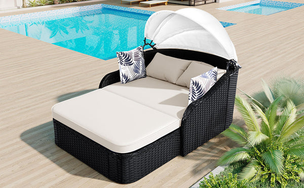 English Elm GO Outdoor Sun Bed with Adjustable Canopy, Durable PE Rattan Double Lounger, Zippered Cushions and Pillows for Easy Care and 500lb Capacity Beige+Black FG201223AAK
