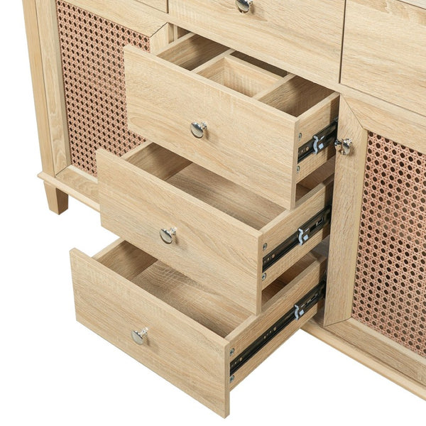 English Elm 48-inch Rattan Bathroom Vanity Solid Wood Frame Five Drawers Ceramic Sink Coastal Boho N765P38884950E