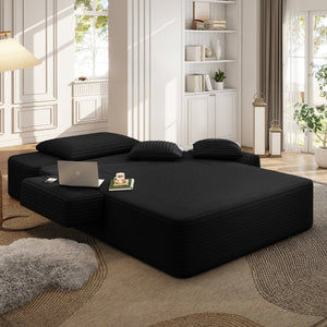 English Elm Luxurious Corduroy Convertible Chaise Lounge Sofa Bed with Foam Support for Apartments Black W3219P449015