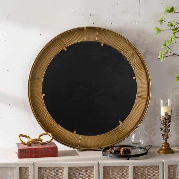 English Elm 31.3" Gold Iron Round Mirror Ribbed Texture Rivets Bohemian Accent for Bedroom W3158P407140