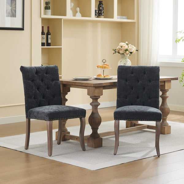 English Elm Upholstered Chenille Tufted Dining Chairs Set of 2 with Curved Wood Legs Club Style Black W1143P457781