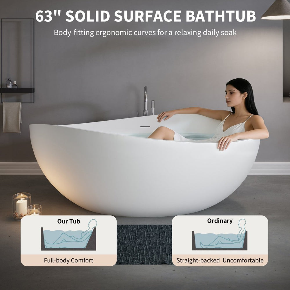 English Elm 63" Stone Resin Freestanding Soaking Tub Matte Sculpted Surface for Spa Bathroom W1920P410091