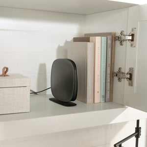 English Elm Hutch, White finish - Compact Engineered Wood Storage with Double-Door Cabinet, Open Shelves, Bead Board Detailing B356P367847