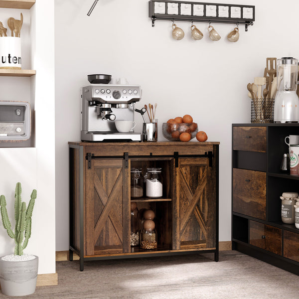 English Elm Homcom Rustic Industrial Sideboard Buffet Cabinet With Sliding Barn Doors, Adjustable Storage Shelves W2225P217383