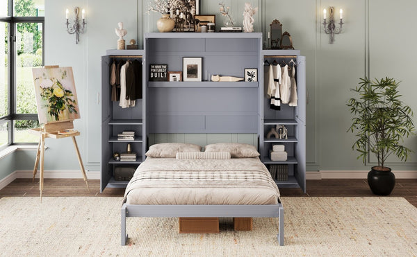 English Elm Queen Murphy Wall Bed Gray Pine Platform Frame with Dual Wardrobe Storage Shelves N733S339767E