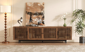 English Elm 78 Inch Walnut Media Console with Slatted Doors Solid Wood Legs and Cable Management N710P374706P