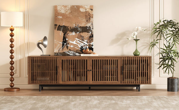 English Elm 78 Inch Walnut Media Console with Slatted Doors Solid Wood Legs and Cable Management N710P374706P