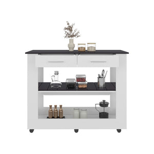English Elm Hardy Rolling Kitchen Island with Two Drawers Open Shelves and Melamine Work Surface B097P474257