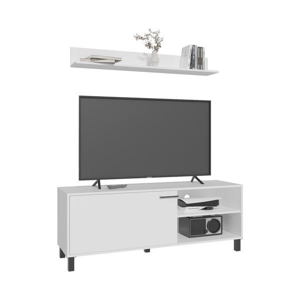 English Elm Living Room Set Modern TV Stand & Wall Shelf White – 1 Door Concealed Storage, 3 Open Shelves, Compact Durable Engineered Wood B097P350287