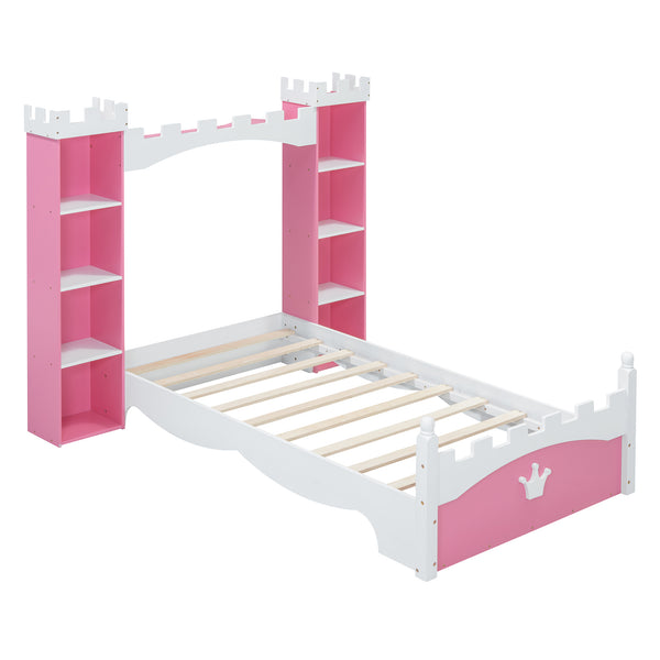 English Elm Castle-Shaped Twin Bed with Crown Footboard and Built-In Shelves, Sturdy MDF/Pine Frame for Kids Pink+White 56.69 L x 17.72 W x 5.51 H N733S177379H