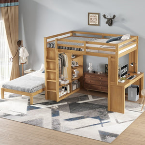 English Elm Queen Over Twin Bunk Bed With Built-In Desk, Storage, And Dismountable Lower Bed - Natural Wood W1580S00216-GIGA