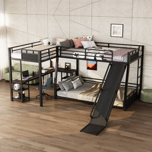 English Elm L-shaped Metal Triple Bunk Bed with Slide Desk Shelves Sleep Study Play Zone W1580S00280