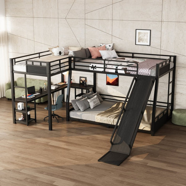 English Elm L-shaped Metal Triple Bunk Bed with Slide Desk Shelves Sleep Study Play Zone W1580S00280